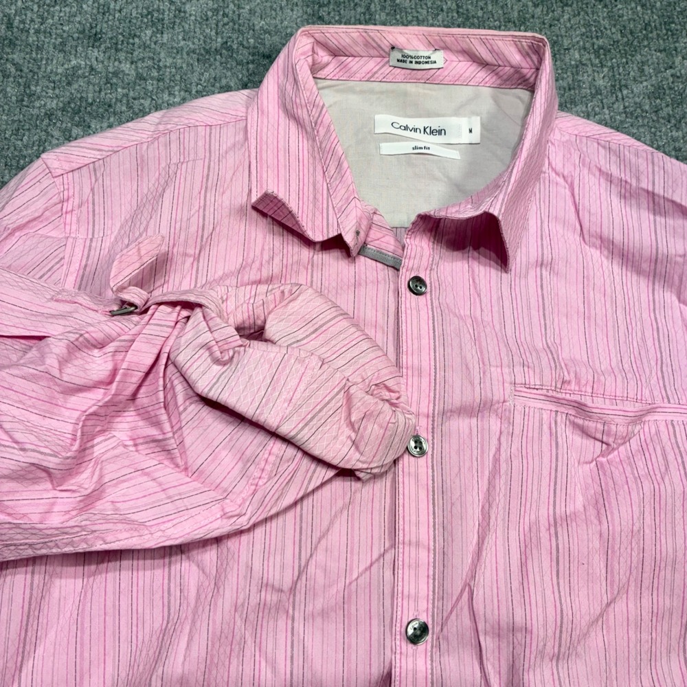 Calvin Klein Women Slim‎ Fit Button Down Shirt Pink Striped Medium Workwear